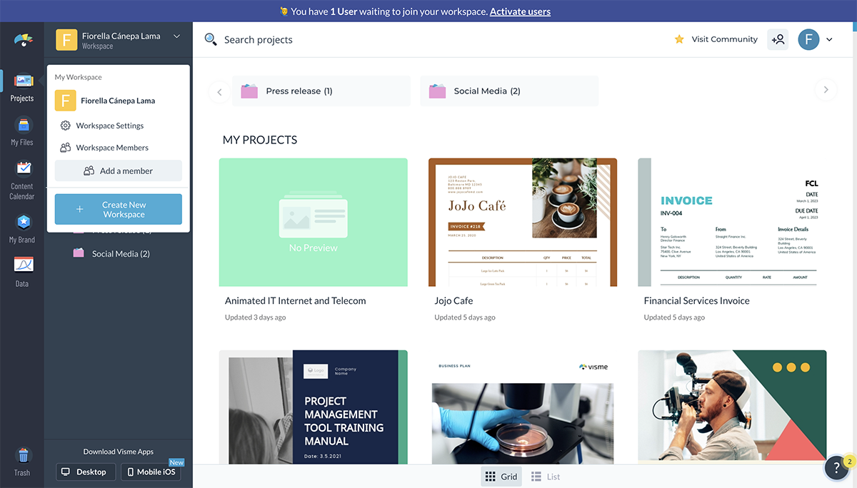 Inside your Visme Dashboard, click on your workspaces name. From the dropdown menu, click Create New Workspace.