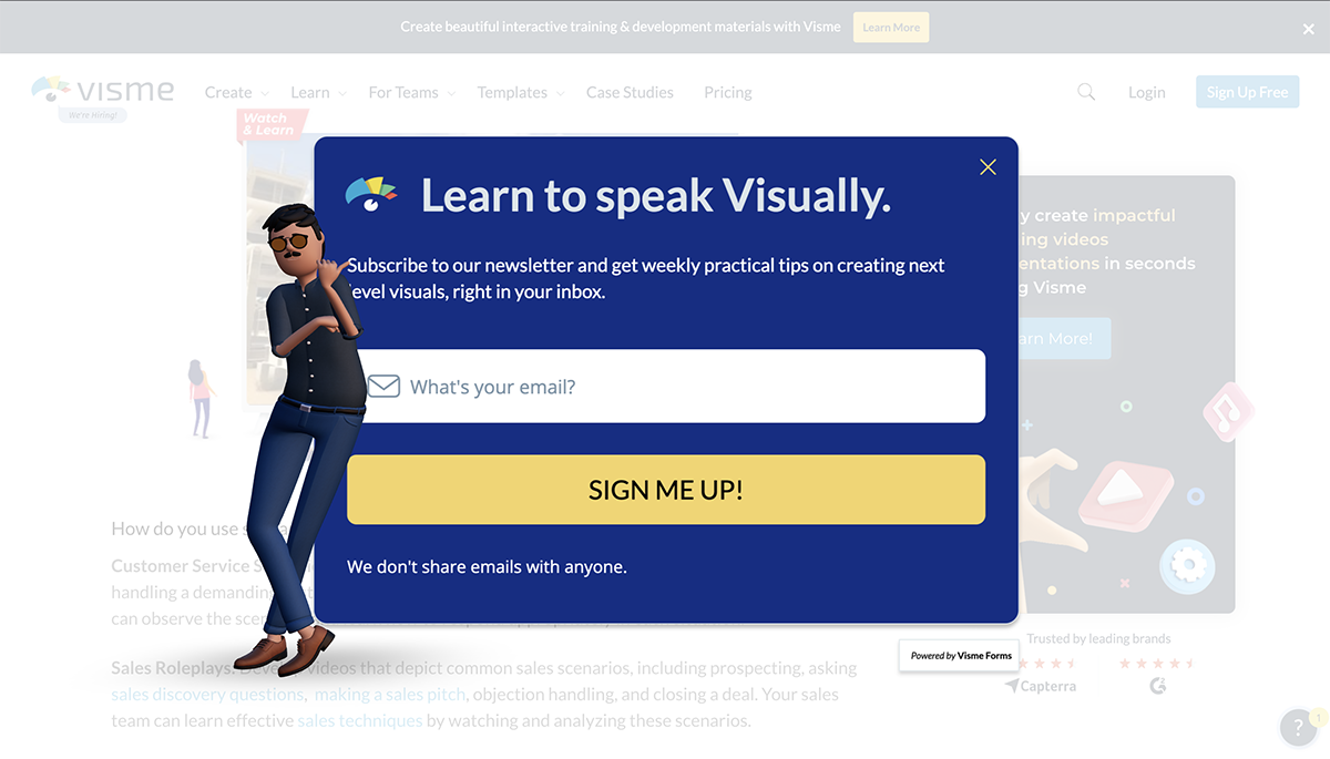 Visme pop forms for newsletter