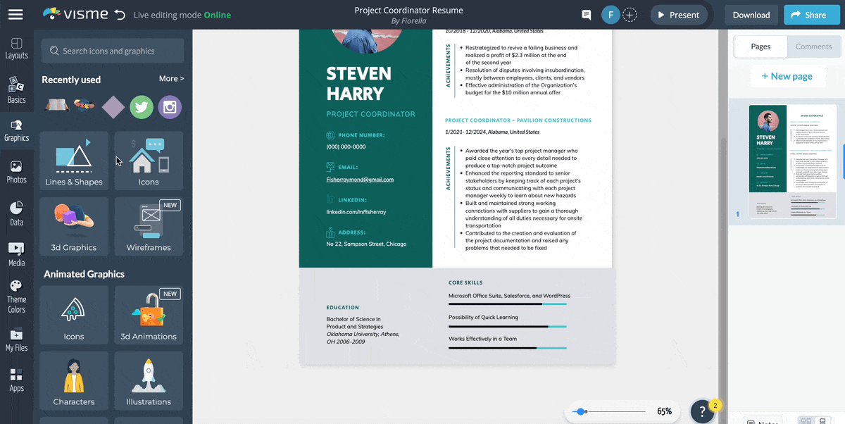 GIF of adding icons and graphics to a resume