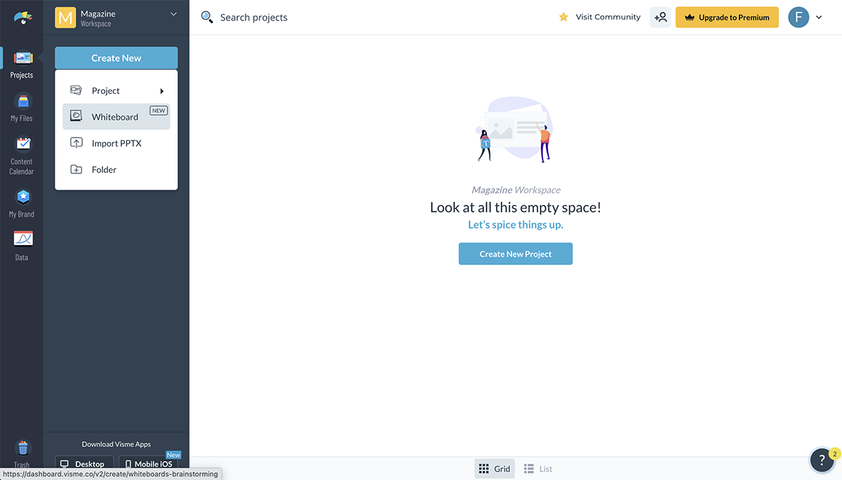 To open a new whiteboard project, click the blue Create New button and select Whiteboard.