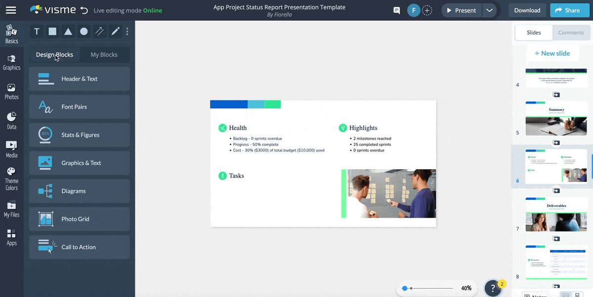 Create a GIF of adding charts and graphs to a project status report.