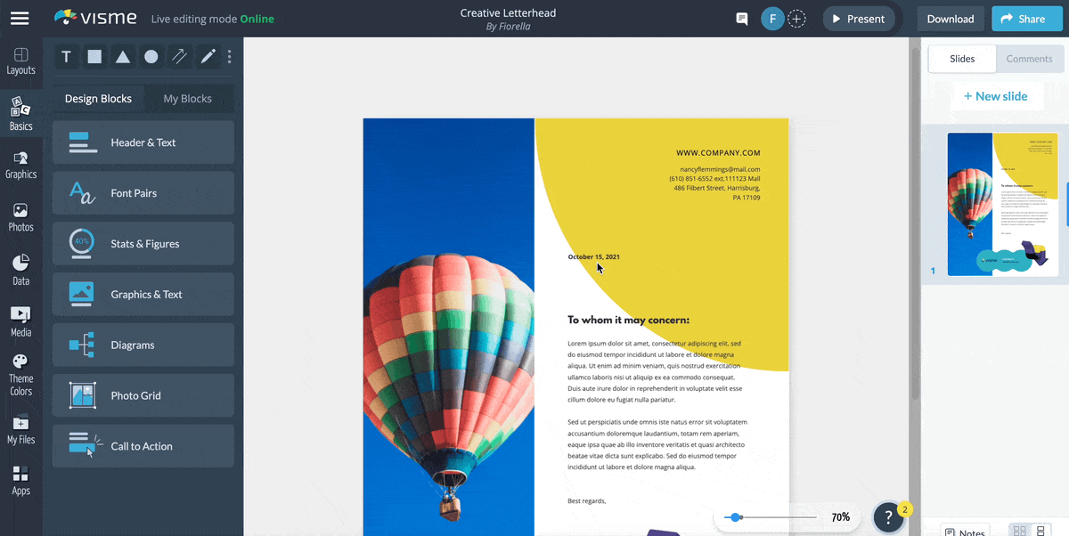 Add text and graphics to letterhead template 