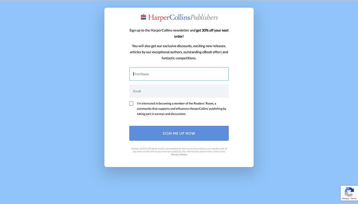 newsletter sign up form Harper collins
