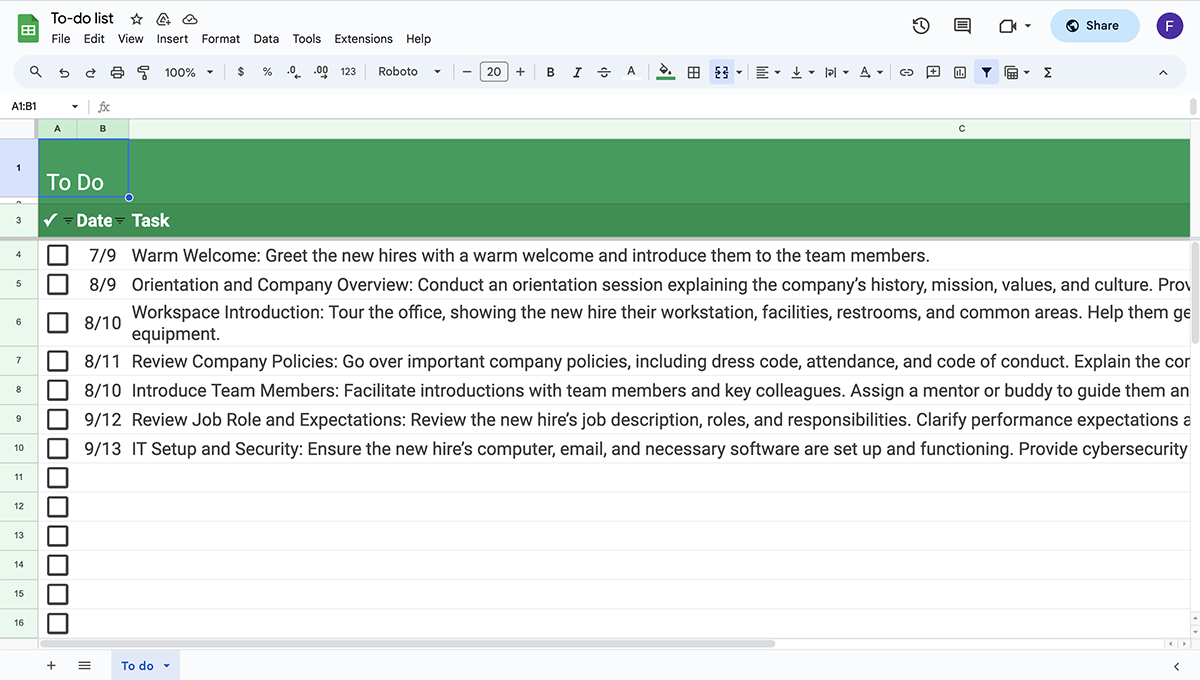 onboarding checklist software - Google Sheets editor