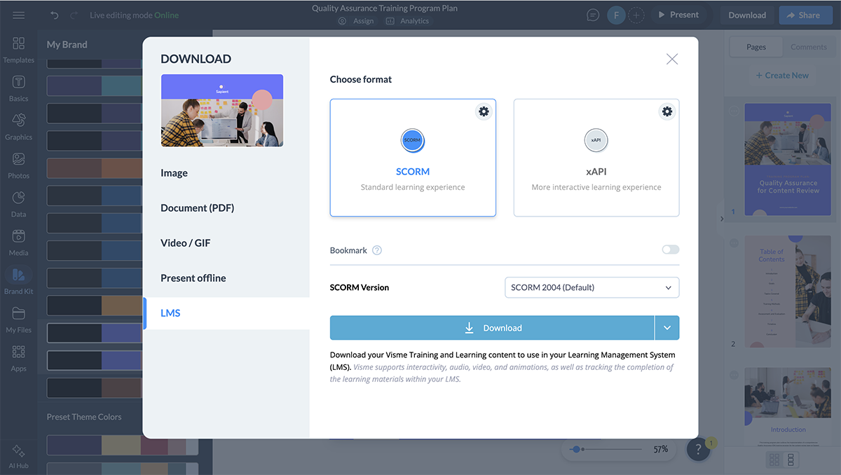 employee training plan -Screenshot of the SCORM/xAPI download page