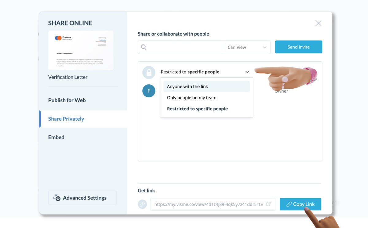 Visme private sharing