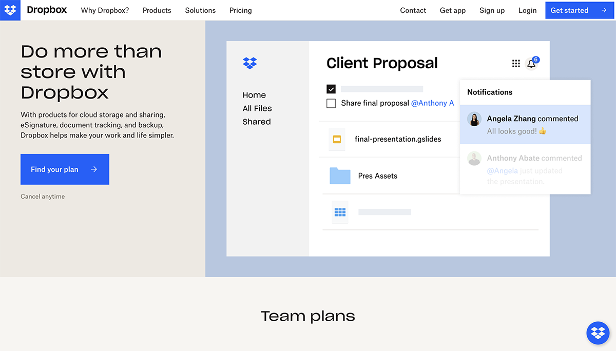 Dropbox home page