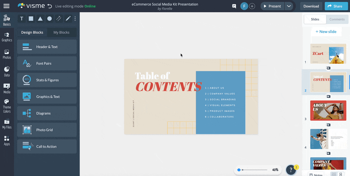 how to add a clickable table of contents section to a presentation