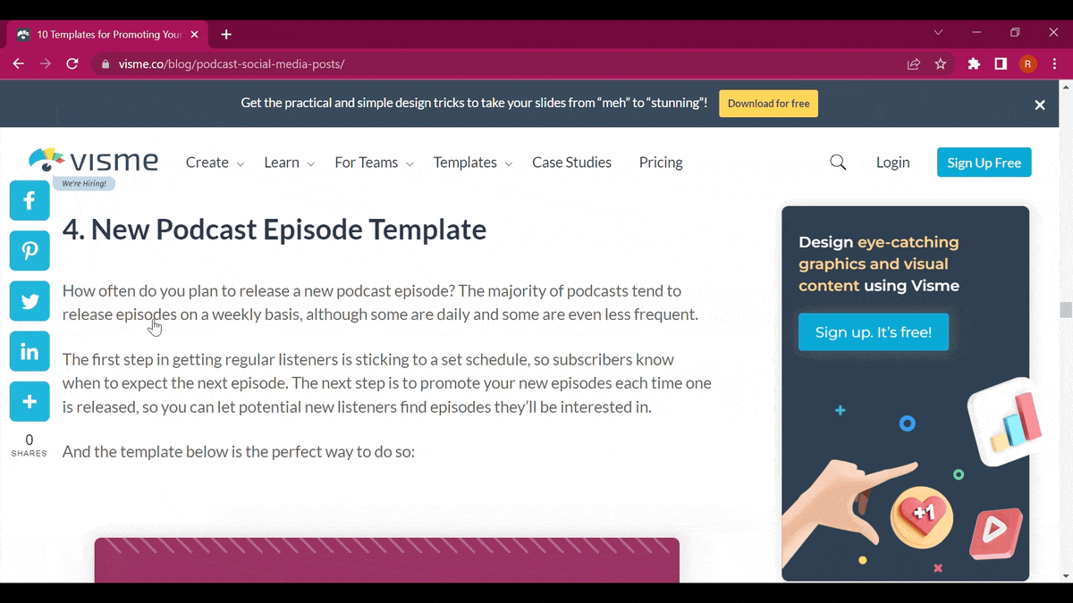 a GIF of Visme popup on the blog