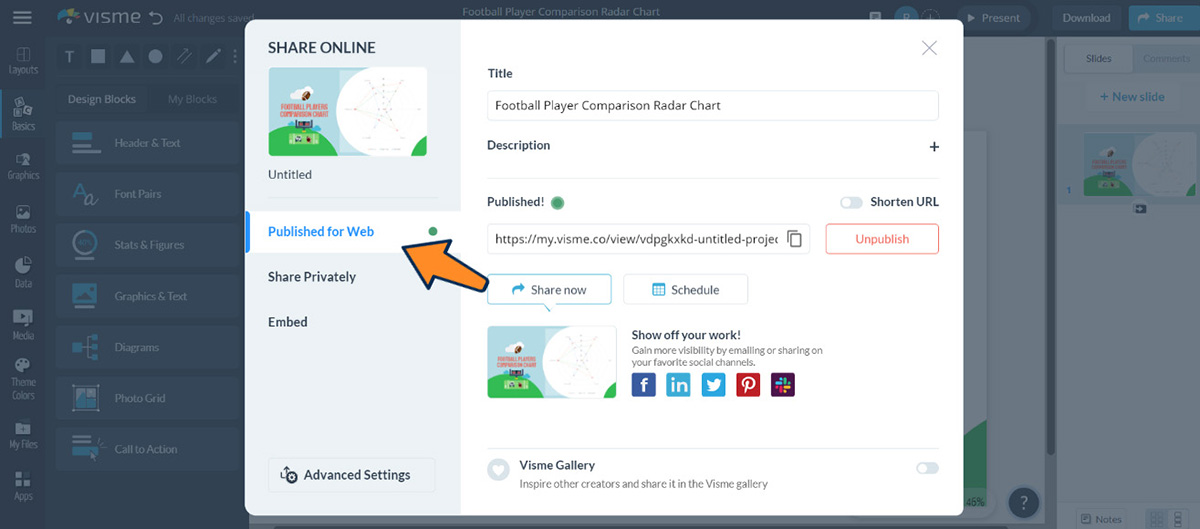 a image of downloading and sharing your radar chart in Visme
