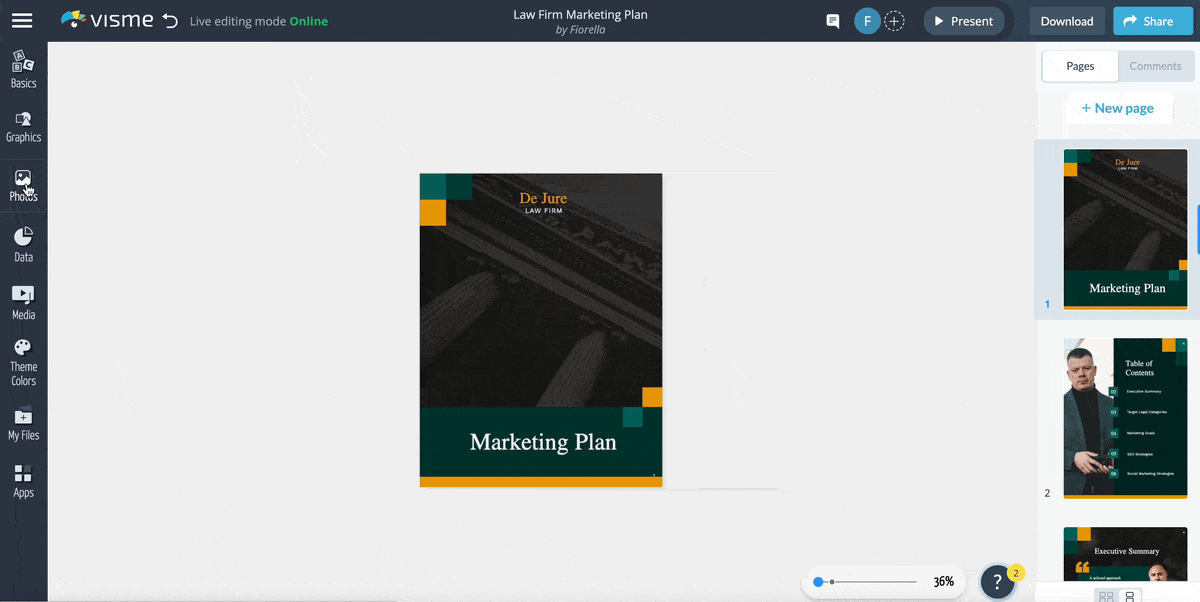 a GIF of choosing photos or searching Visme's AI generator to add photos