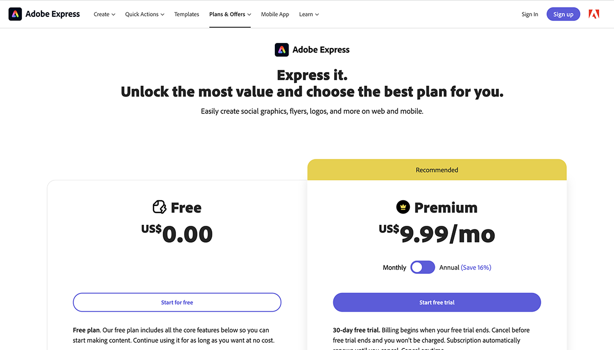 tools to create infographics - Adobe Express pricing