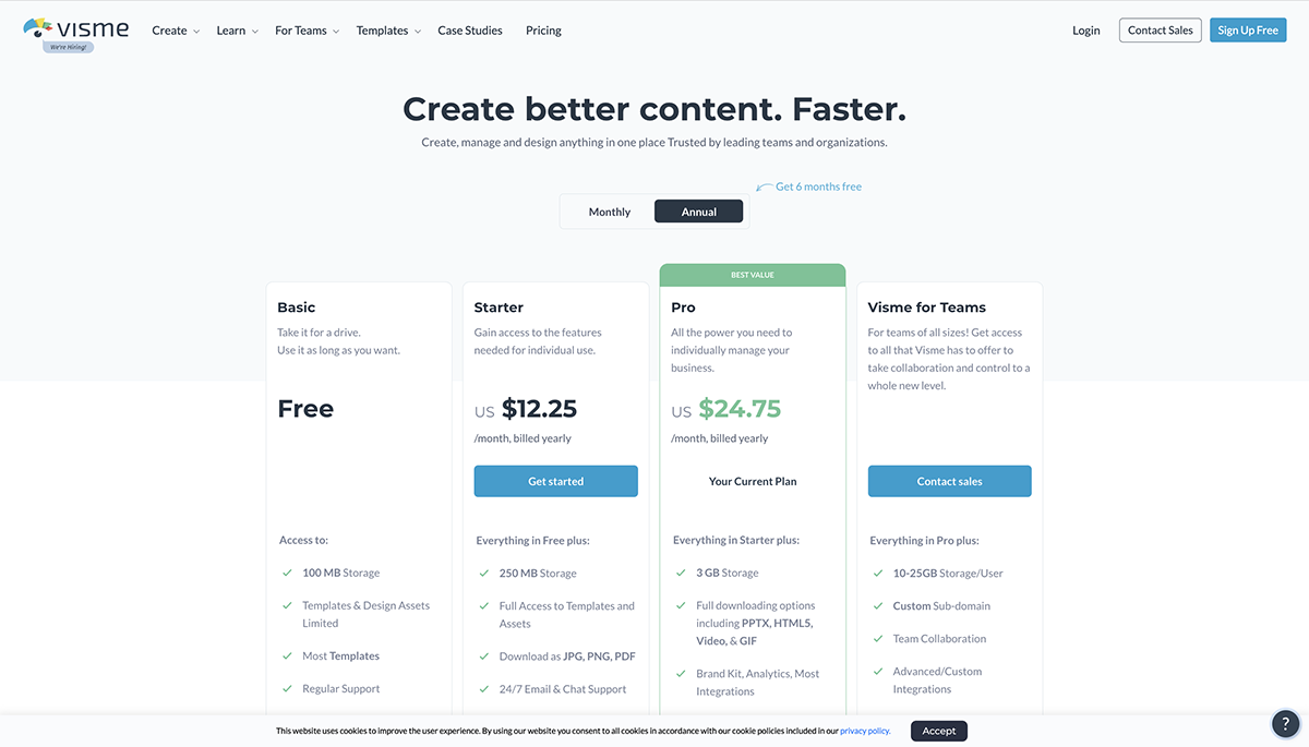 A screenshot of Visme's pricing page.