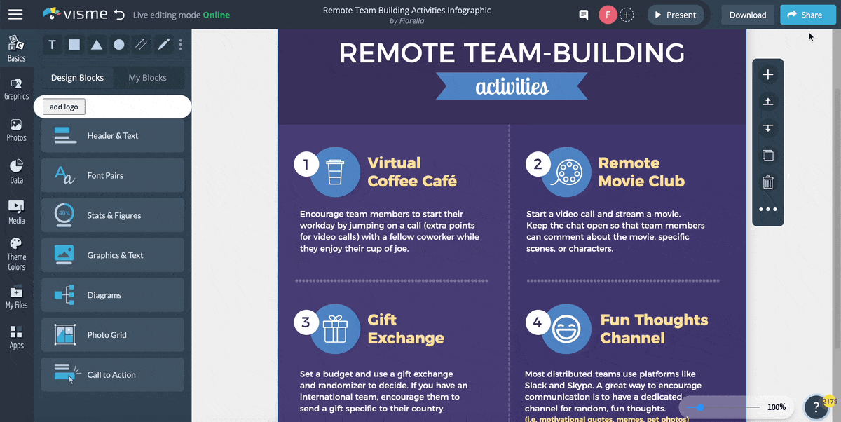 a gif showing how to easily share projects in Visme editor