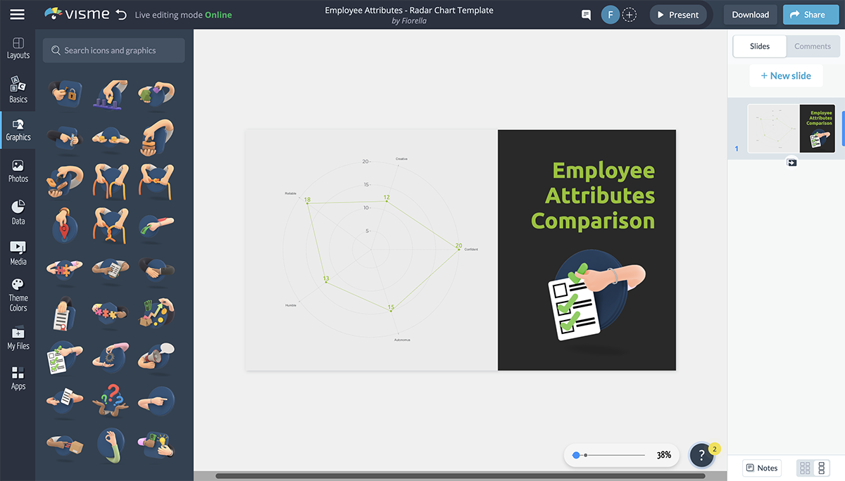 a gif of adding cool 3d icons to a chart in Visme