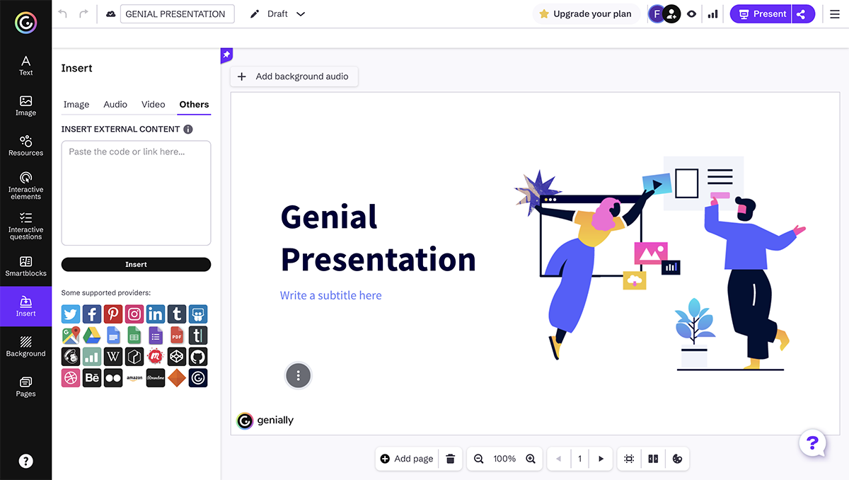 best presentation software - A screenshot of third-party embed options in Genially.