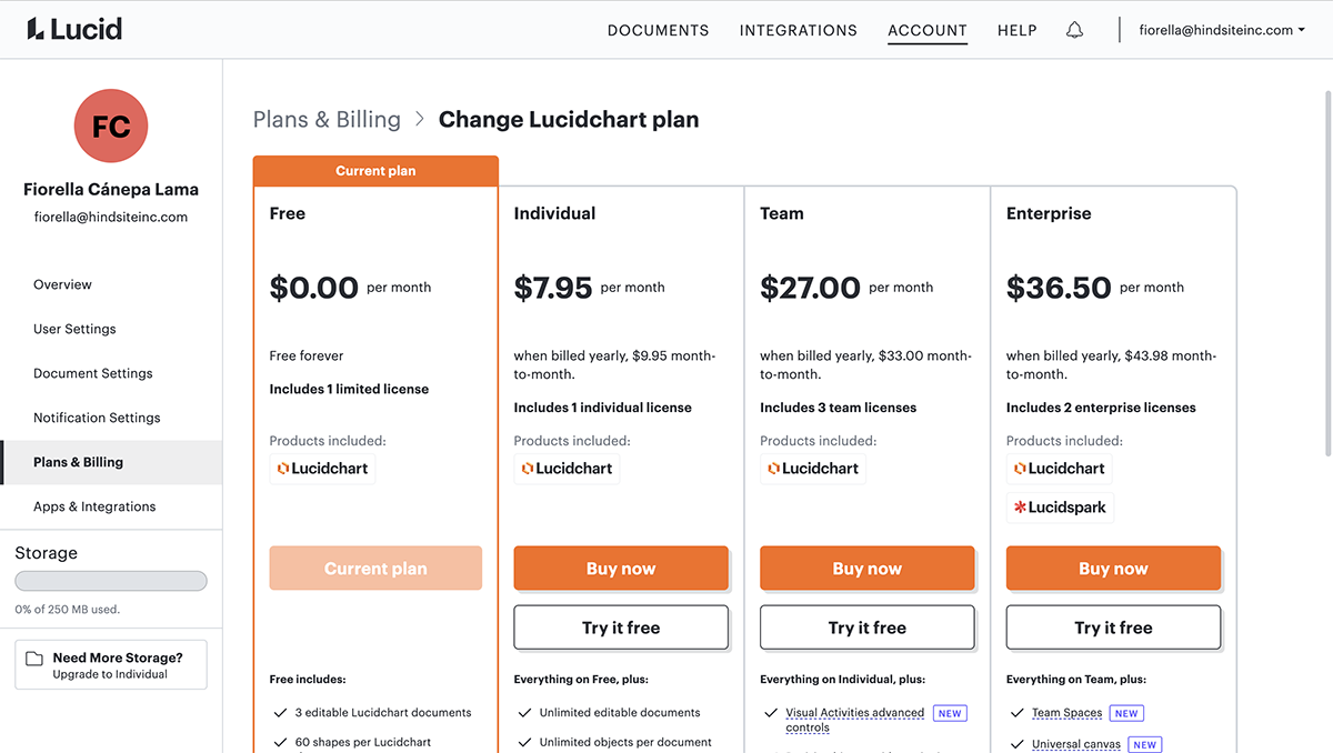Visio alternatives - A screenshot of the Lucidchart pricing page.
