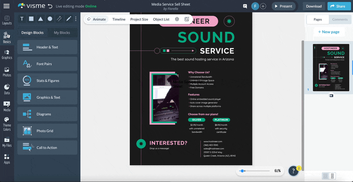 a GIF of adding interactive clickable social media icons, animated visuals, characters, and motions
