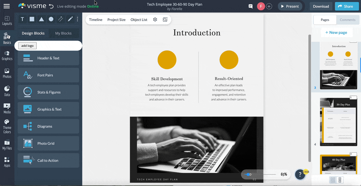 30 60 90 day plan - a GIF of adding interactive elements in Visme editor