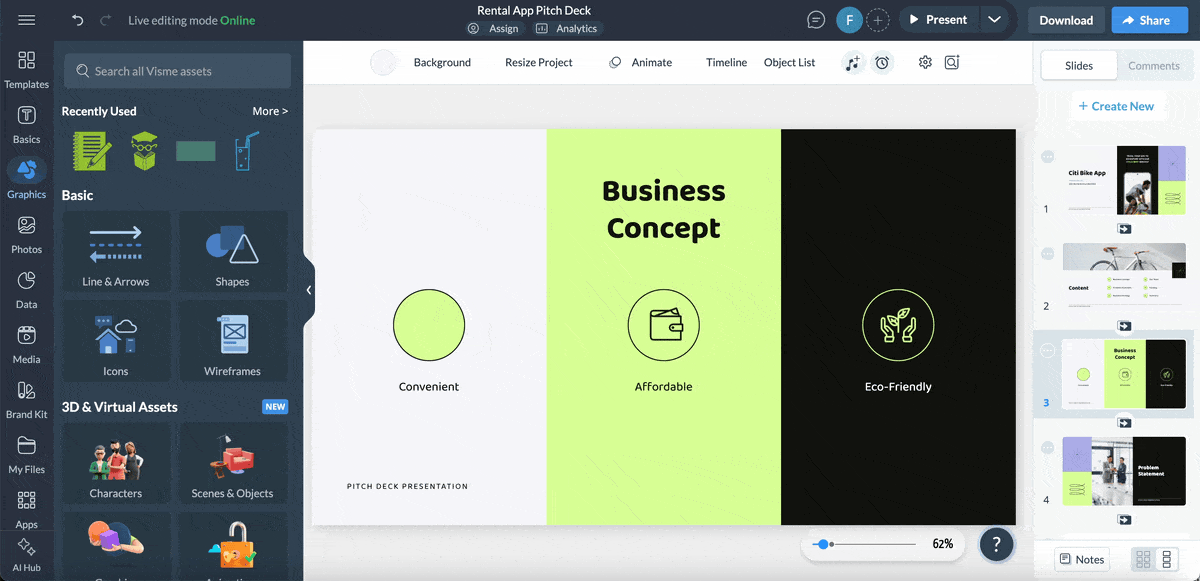 competition slide pitch deck - a GIF showing how to add/ switch or use icons and animated graphics