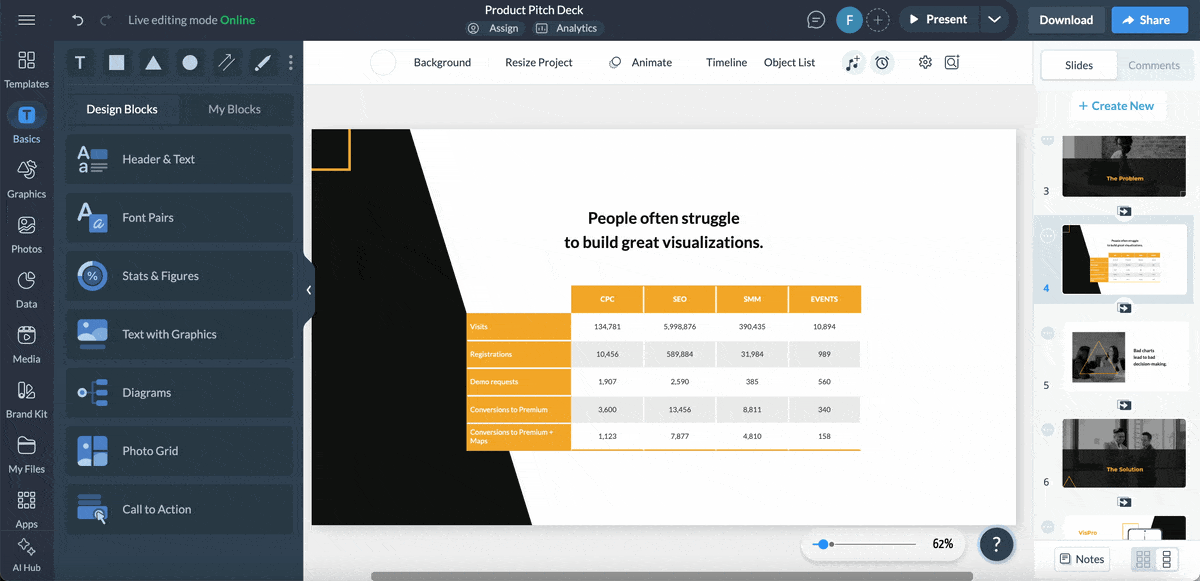 competition slide pitch deck - a GIF of how to connect Visme table to live data and export external data from Google Sheets