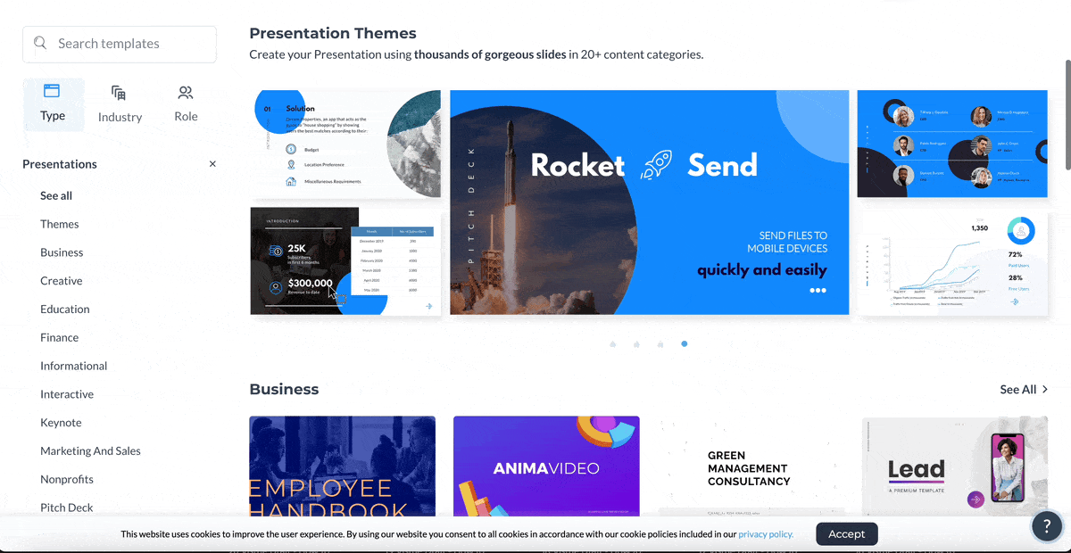 a GIF scrolling through Visme's template library