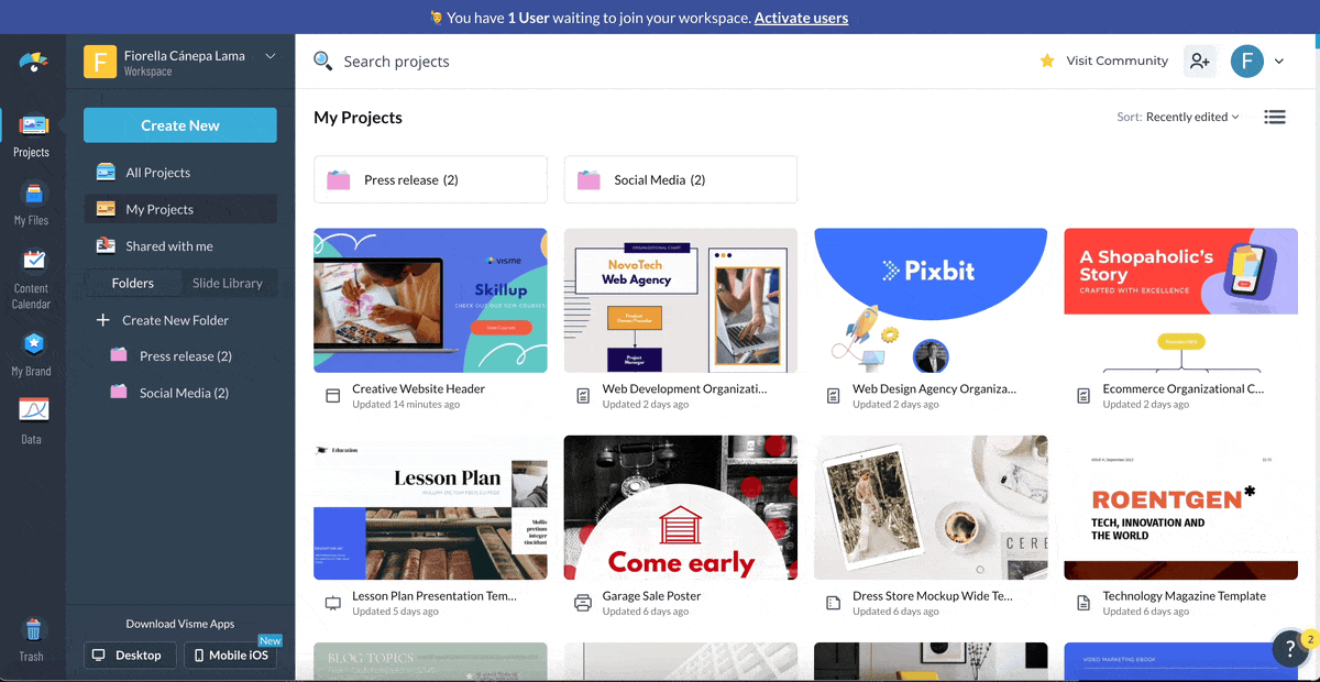 youtube banner size - a GIF of Visme's Brand Design Tool