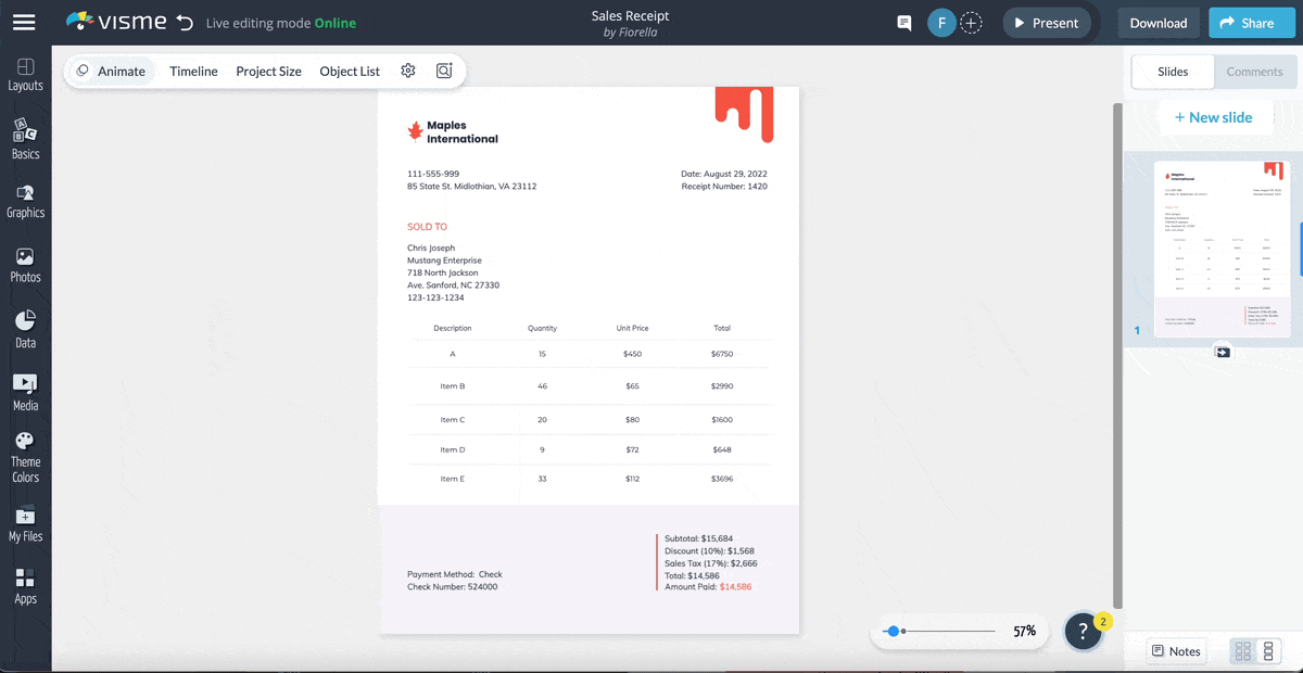 a GIF of adding icons and design assets to receipt template