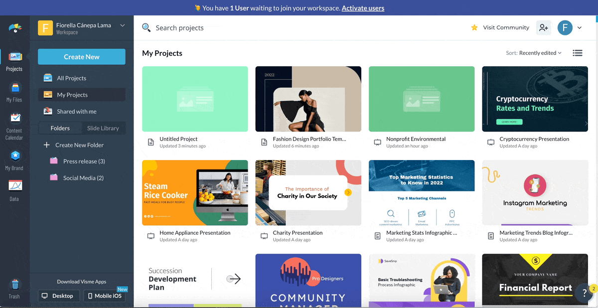 a gif of choosing templates in Visme library