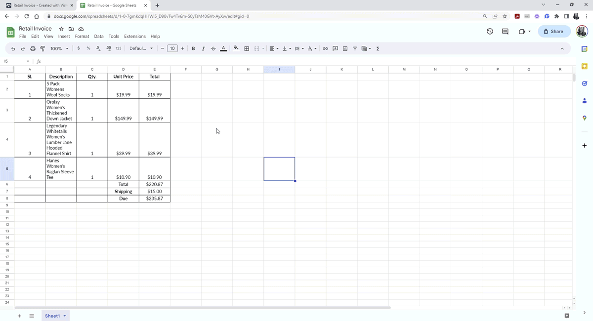 types of invoice - a GIF showing how to embed the table or easily connect an existing table to live data and import information into Visme.