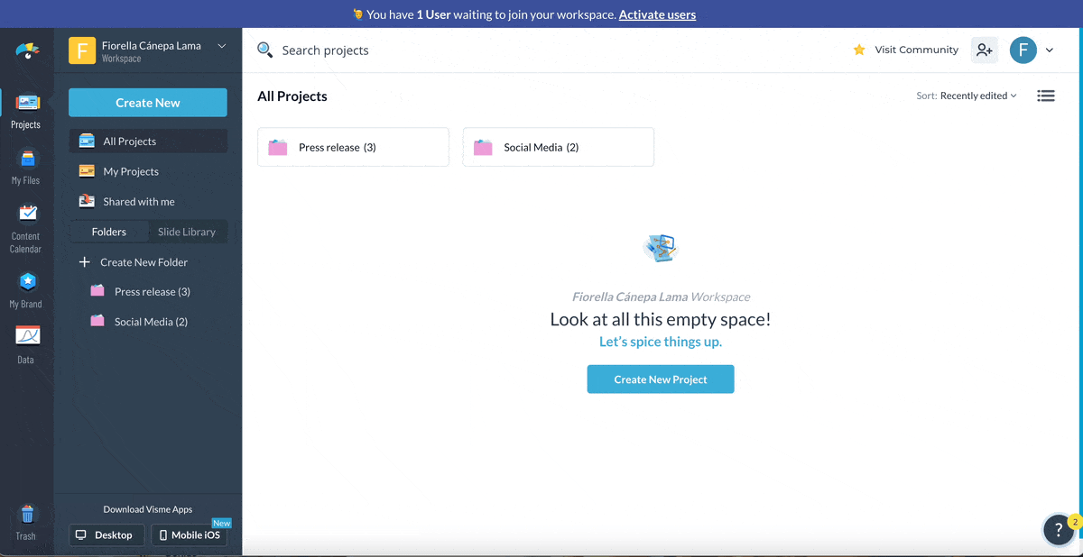 GIF showing how to choose a template and start editing it in Visme