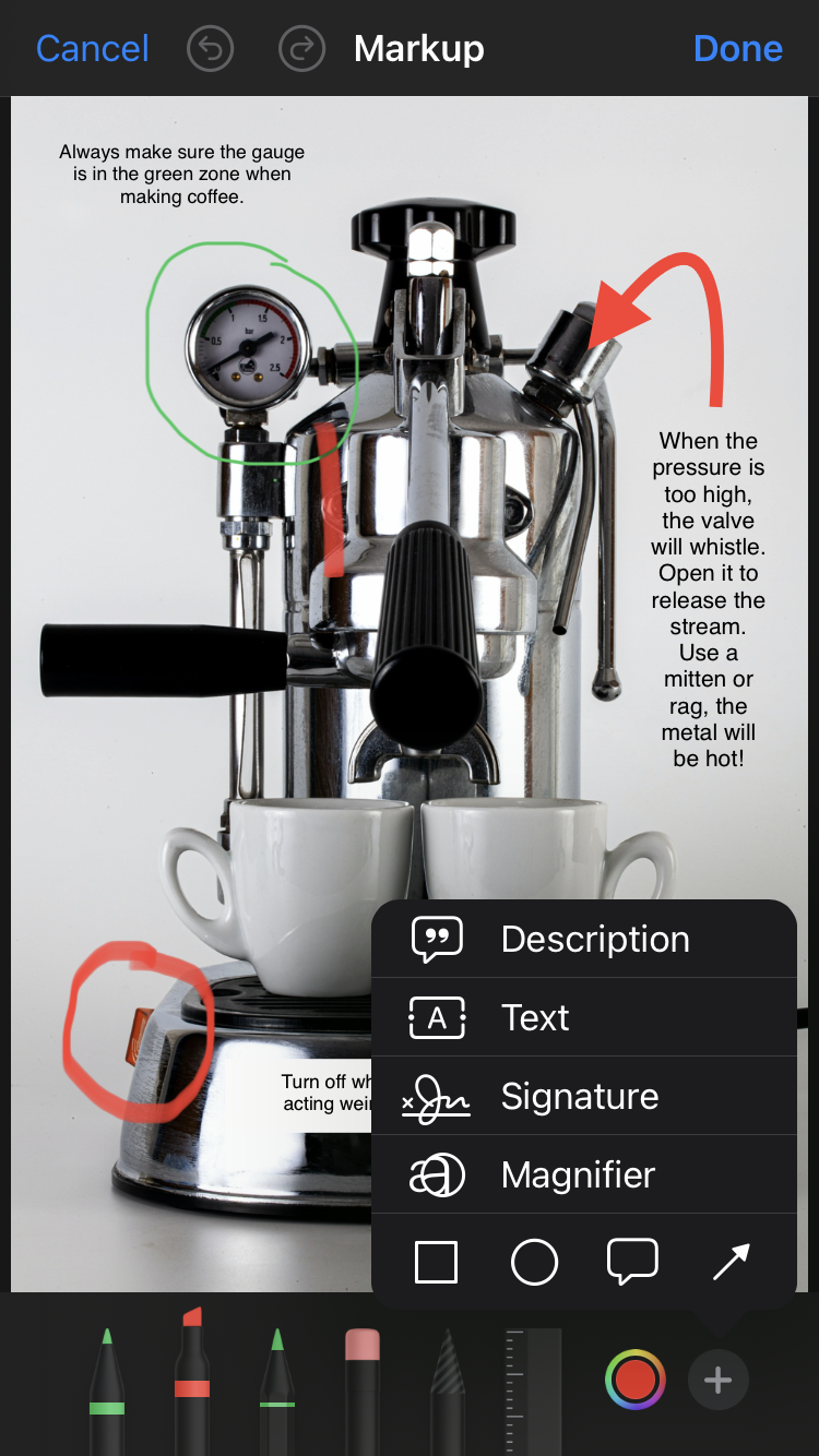 a screenshot that shows the text option, shapes, speech bubbles and arrow in Markup App