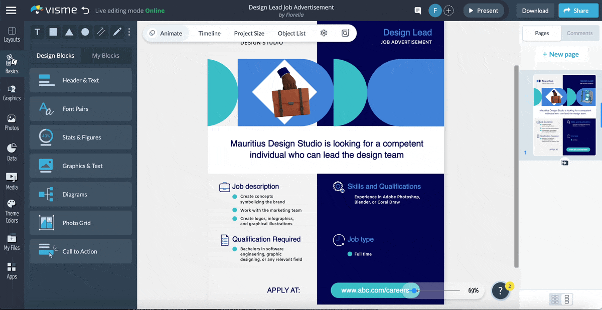 A GIF showing how the AI writer tool works in Visme