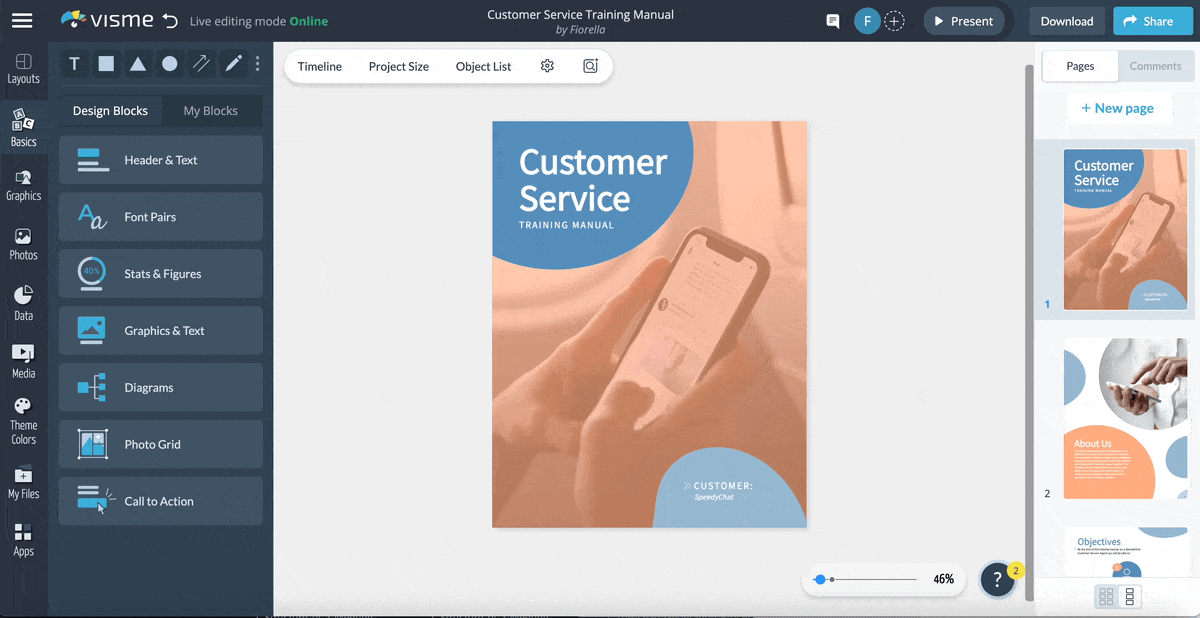 A GIF showing how to add interactive elements like cool transitions, hover effects, clickable pop ups and menus