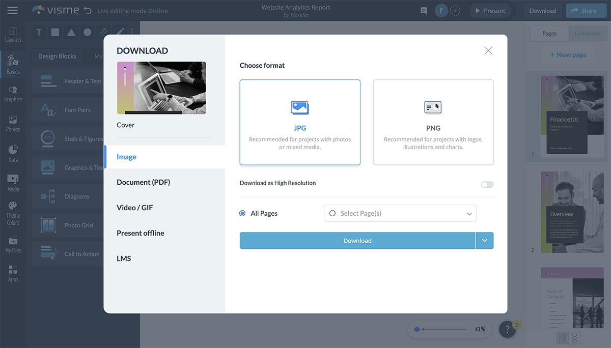 Screenshot of Download page in Visme editor