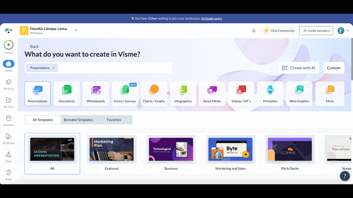  GIF of using Visme's AI designer to generate an agenda slide