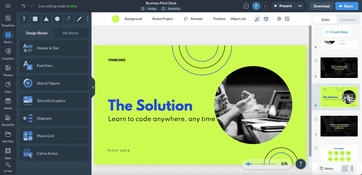 a GIF of adding interactive elements to an agenda slide 