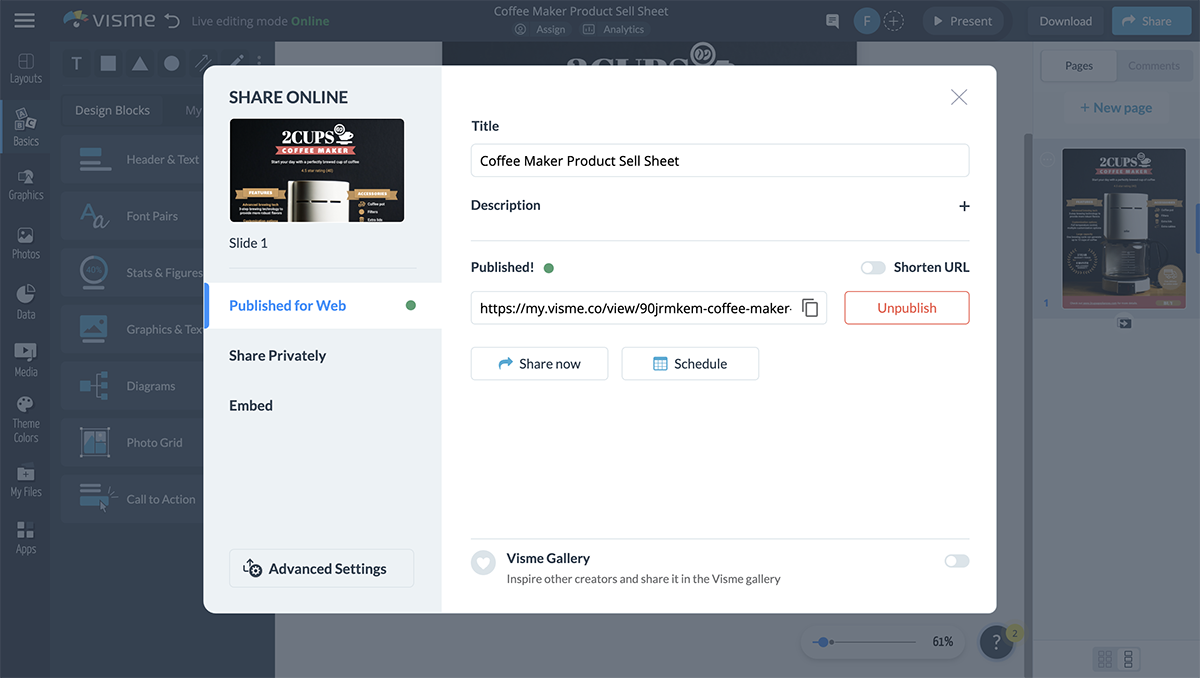 an image of how to share sales one pager in Visme