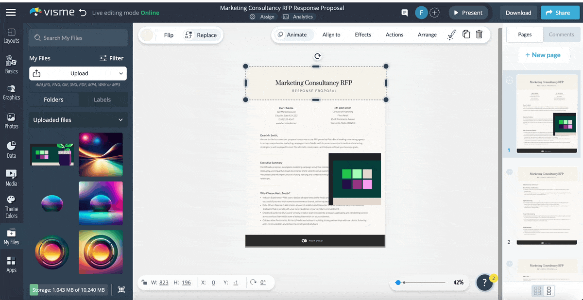 a GIF showing how to use the custom colors using Visme's color dropper tool.