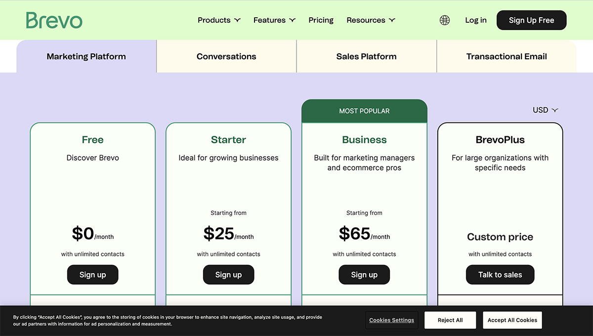 email marketing tool - Brevo pricing 