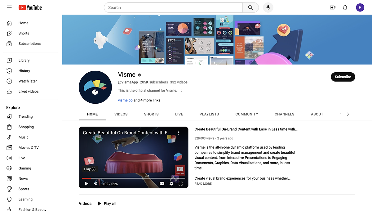 Social selling - Visme's YouTube page