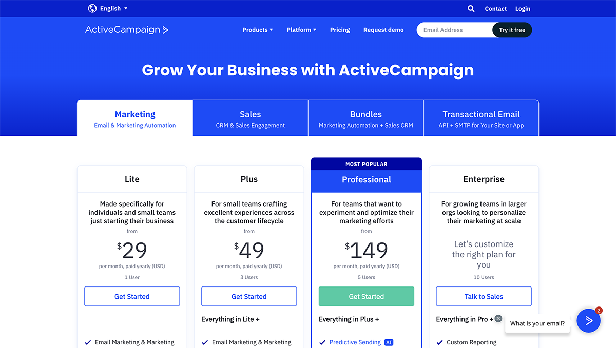 email marketing tool - ActiveCampaign pricing 