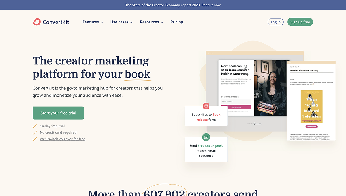 email marketing tool - Convertkit home page