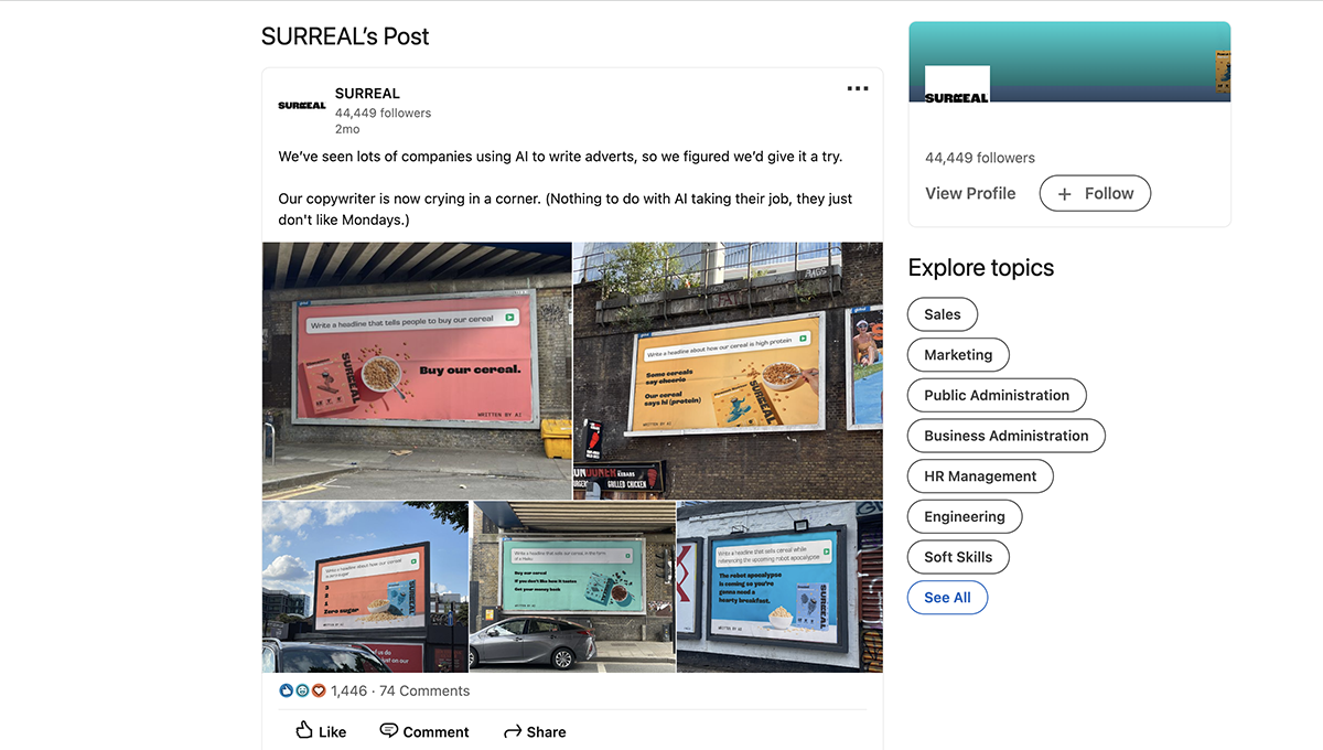 Social selling examples - Surreal LinkedIn Page