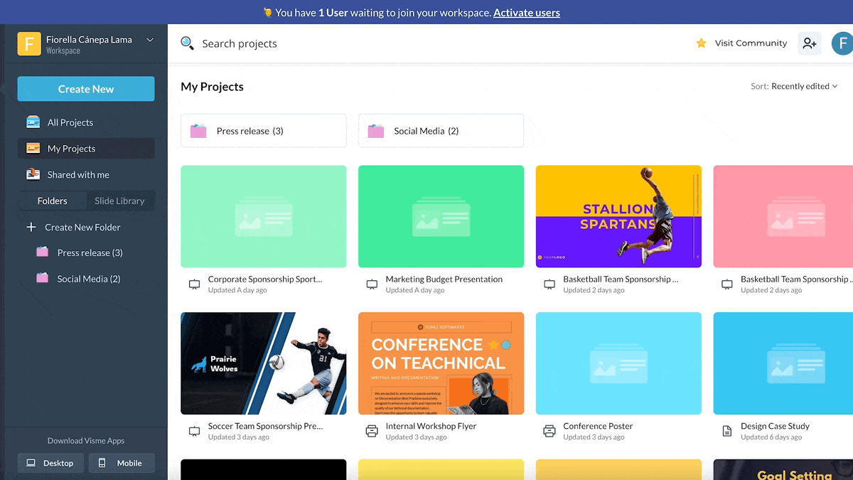 a GIF scrolling through Visme's monthly report template library