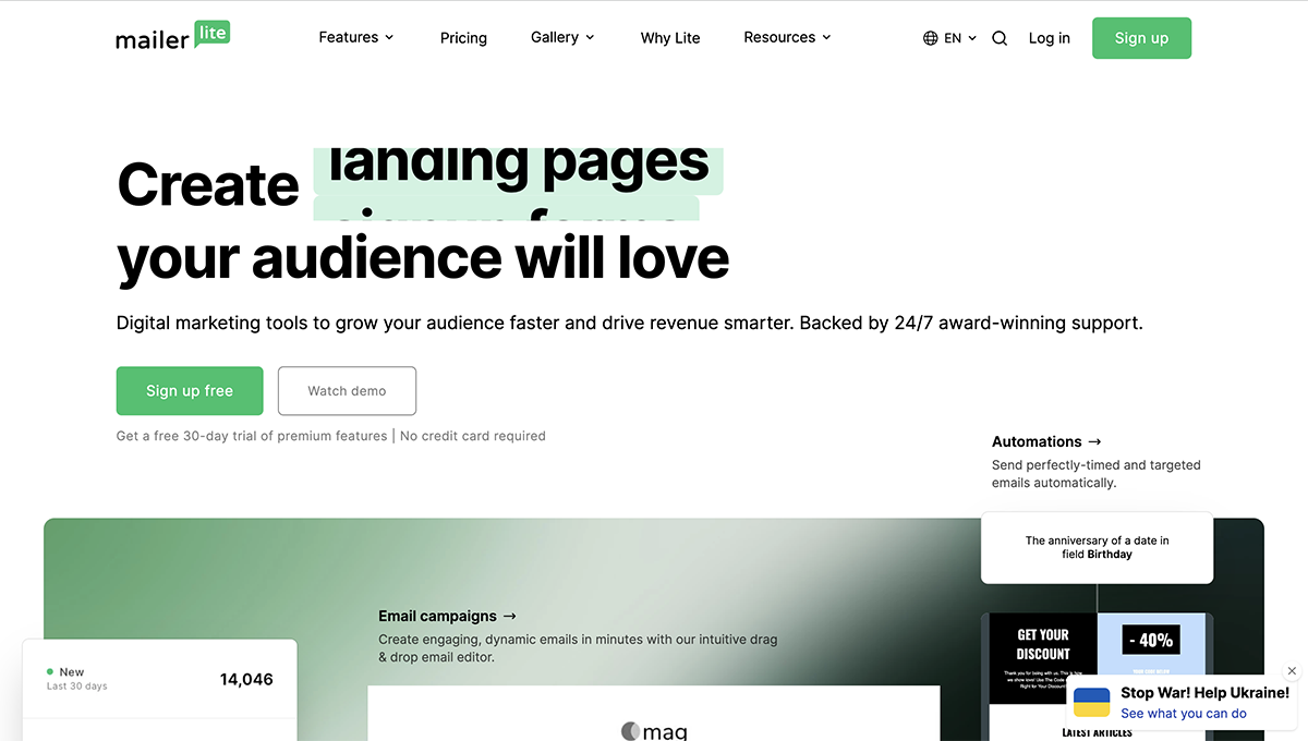 Mailerlite homepage