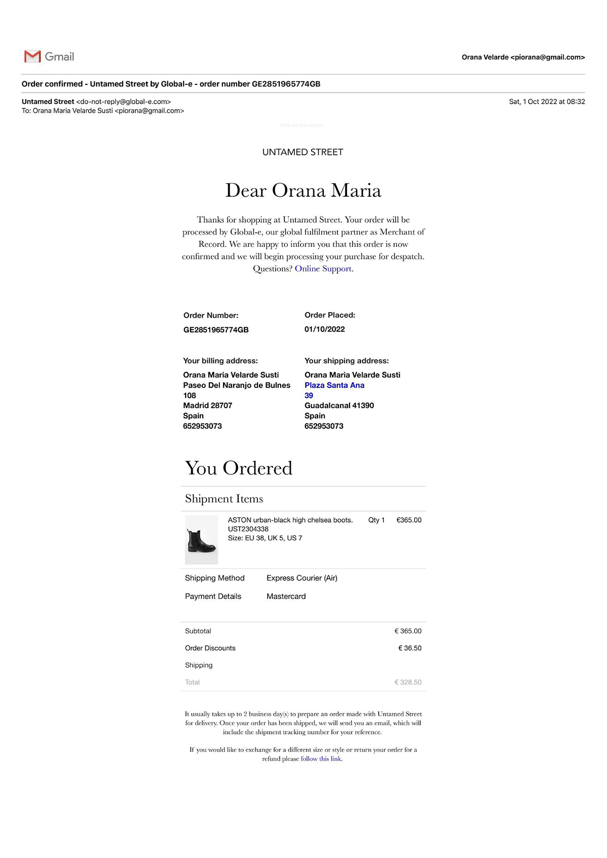 Order confirmation emails