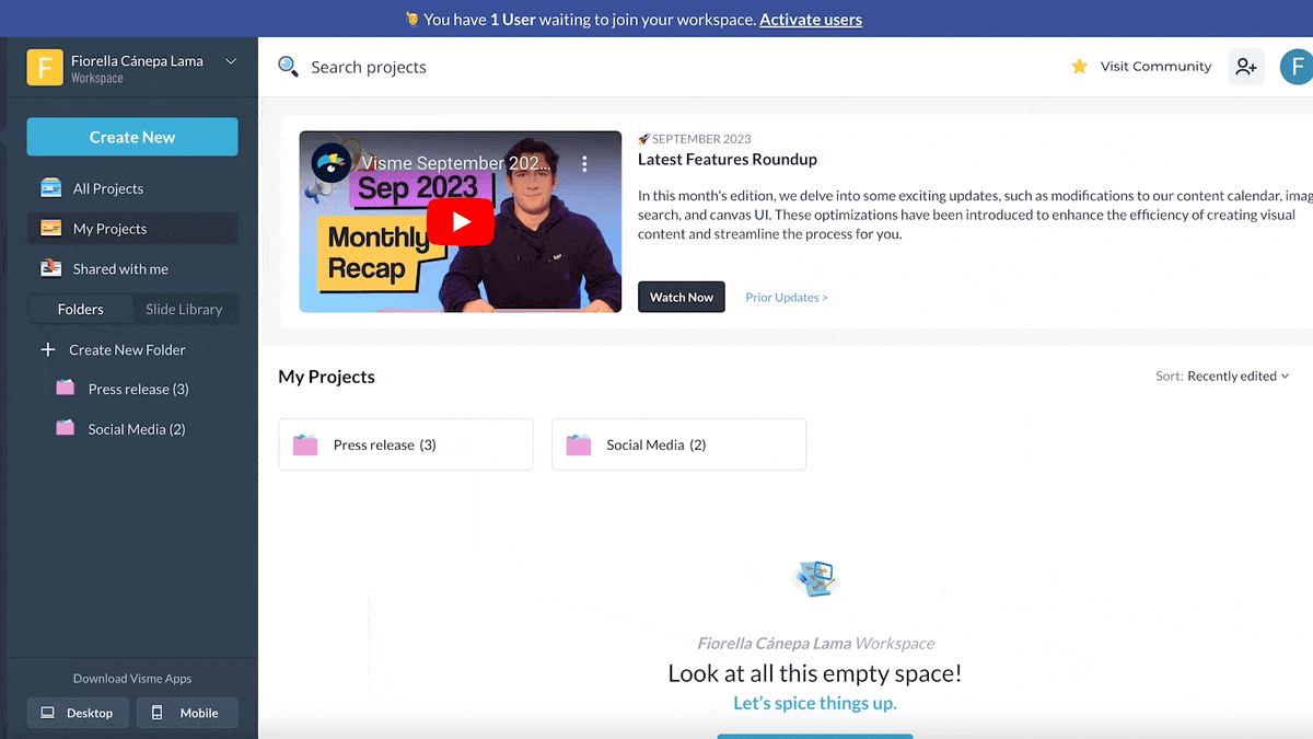 a GIF showing how to select templates from the Visme library
