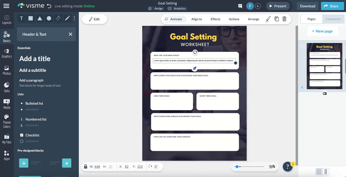 a GIF showing how to add objectives to a goal-setting worksheet