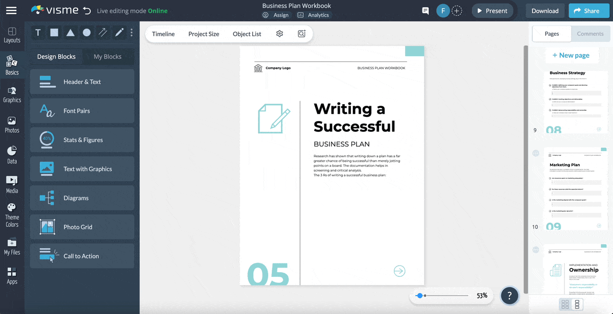 a GIF of adding charts and widgets to a business plan template